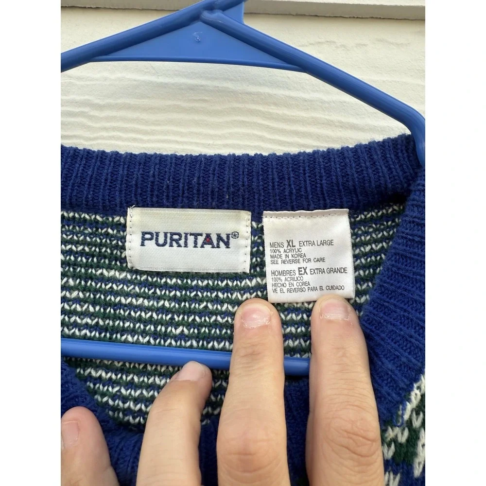 Vintage Puritan‎ Men Crewneck Pullover Sweater Blue Green Holiday Size XL